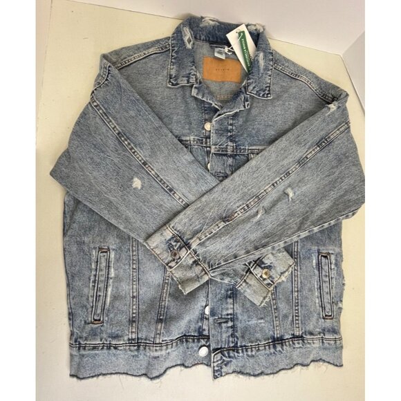 H&M Distressed Boyfriend Oversized Trucker Jacket Denim Navy Blue Womens XS - Picture 1 of 15